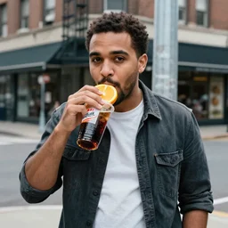 hugh hopper on a street corner eating an orange and sipping pepsi