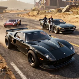 3 5 mm low angle photo mad max battle concept car black 1 9 7 3 ford falcon gt hot rod on a deserted post apocalyptic road, gta 5, hyper detailed, rocket league, smooth, high contrast, volumetric lighting, octane, jim lee, giorgetto giugiaro, craig mullins, chris bangle, george miller, ian callum, vibrant rich deep color, comic book