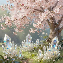 cherry blossoms, iridescent diaphanous refractive and reflective crystal crystalline pearly flora, verdant, lush, overgrown, pink and ivory and blue topaz colors, fantasy, intricate, elegant, highly detailed, digital painting, artstation, concept art, matte, sharp focus, illustration, hearthstone, art by artgerm and greg rutkowski and alphonse mucha