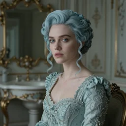 cinestill 5 0 d photography of a dystopian beautiful woma britt marling style by annie liebovitz, take make up on a baroque toilette room in a dystopian house, pale blu tonal matt hair in baroque style, dress are intricate ornamental dress, elegant, highly detailed, soft blur, artstation, sharp focus, head in focus,