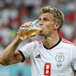 ''thomas muller scoring a goal in the soccer world cup. He celebrates drinking a big glass of beer, photograph, Medium close-up shot