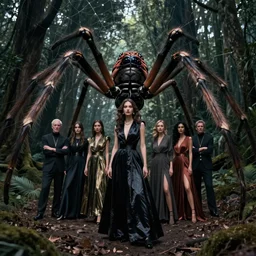 a fancy portrait of a women standing before a giant spider in a dark forest by greg rutkowski, sung choi, mitchell mohrhauser, maciej kuciara, johnson ting, maxim verehin, peter konig, 8 k photorealistic, cinematic lighting, hd, high details, dramatic, atmosphereric, trending on artstation