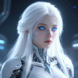 detailed portrait of perfect white haired girl, warframe armor, beautiful, dreamy, pretty face, blue cyborg eyes, goddess, radiant light, scifi, clean, advanced technology, illuminated, perfect, space, futuristic laboratory, ultra realistic, intricate, glow, unreal engine, extreme details, focused, masterpiece