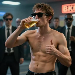 a beautiful portrait of an emotionally - detached bloke drinking beer, wearing a pair of futuristic sunglasses and his underwear, being unfazed by the fact that he's in the middle of a bank robbery, giving the thumbs up, photography, volumetric lighting, 8 k