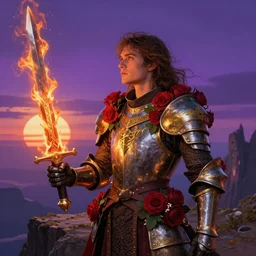 a knight in armor decorated with roses and gold holds a flaming sword on a cliff as he watches a violet sunrise on an alien planet. by Ciryl Rolando, hyperrealistic illustration, digital art, studio lightning, very detailed faces