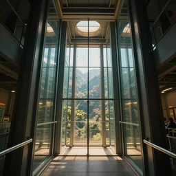 A glass elevator that leads to Shambala, first-person point of view