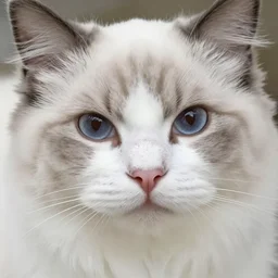 cat closeup of nose, white ragdoll with full grey colouring and a thin white blaze down across the nose