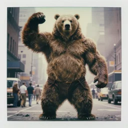 very realistic! epic pose!!!  anthropomorphic grizzy bear oversized giant flexing muscle whole furry body shorts pants  ,in busy city , full body , Cinematic focus, Polaroid photo, vintage , neutral dull colors, soft lights, foggy mist ,  by oleg oprisco , by national archives,  by discovery channel, by victor enrich , by gregory crewdson