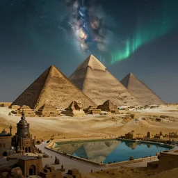 an establishing shot of the pyramids of giza, digital art, fantasy painting, at night time, ancient civilisation, ancient steampunk city, reflecting pool, milky way, aurora, northern lights, muted colours, by paul lehr, jesper ejsing