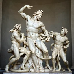 long line-up of laocoon and his sons struggling with serpents, intertwined full body view, 35 mm color photography, white background