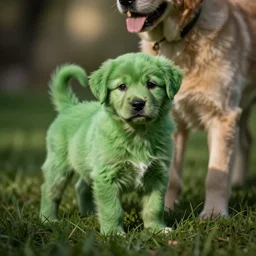 adorable green puppy on grass with its mother