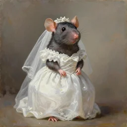 oil painted portrait of an anthropomorphic rat wearing a white wedding dress, rodent, timeless masterpiece, classic, detailed, sharp, clear, 4 k, 8 k