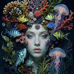 realistic detailed underwater face portrait of the beautiful young goddess of the fish of the three lights with an intricate headdress of corals, sea kelp, sea plants, fish, jellyfish, art by ernst haeckel, h. r. giger, gustav klimt, gothic, neo - gothic, hyper - ornamental,