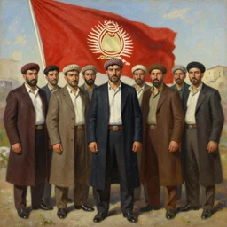 a painting of a group of kurdish people standing in front of a kurdish flag, an oil painting by ilya ostroukhov, featured on deviantart, socialist realism, ilya kuvshinov, movie still, oil on canvas