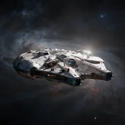 the millennium falcon in a nebula, shallow depth of field, moody lighting, single point of light, 8 k, ultra realistic, octane render,