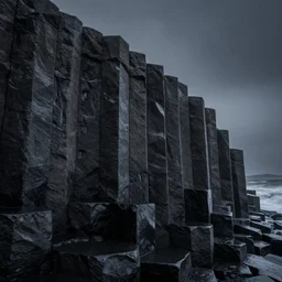 hexagonal basalt columns, fog, dark, stars, wet, glossy, black, 4 k photo high quality photorealistic