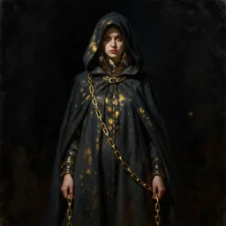a portrait of a young woman wearing a long dark cloak, hood and shadows covering face, holding golden chains, oil painting, matte painting, black background, Volumetric Golden dappled dynamic lighting, Highly Detailed, Cinematic Lighting, Unreal Engine, 8k, HD, by Beksinski