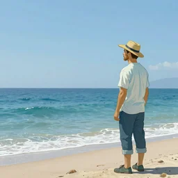 a man standing on a beach staring off into the ocean, in the style of Van Gogh