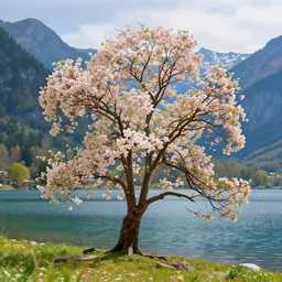 cinematic tree blossoming in the middle of a lake surrounded by mountains, in the style of rutkowsky, bright, colorful, summer