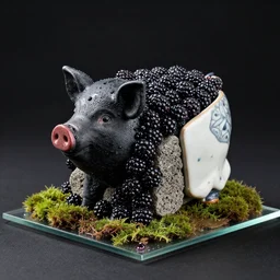 a pig - blackberry sculpture, a cube of blackberries, obsidian and and pumice and japanese glazed pottery, mounted on a glass platform, moss, berry juice droplets, black background, zen,