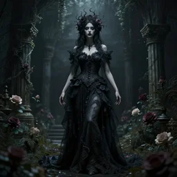 long shop, portrait otherworldly Gothic goddess of beauty, floral, dark and mysterious, atmospheric, ominous, eerie, cinematic, Epic, 8k, 4k, ultra detail, ultra realistic, rendered by awesomeness