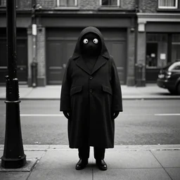 the Babadook standing across the street, photograph, black and white