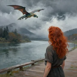 a painting of a woman with curly long redhair standing in a boardwalk besides a river looking at a dragon flying out of the mountains in a fog during a thunderous weather