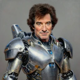 portrait of bob ross wearing cybernetic power armor. intricate painting by bob ross.