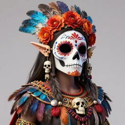 link zelda wearing dia de los muertos mask, skulls and flowers, with aztec feathered garments sigma 7 5 mm photo realism, ultra realistic, 8 k resolution, octane render, 3 d render, unreal engine surreal