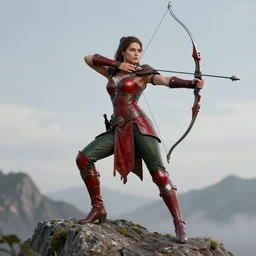 full - body matte portrait of a voluptuous female archer in a heroic pose at the top of a mountain dressed with red and green leather armor and holding a silver greatbow, d & d, epic fantasy, by artgerm, andreas rocha, greg rutkowski, mucha, sharp edges. ultra clear detailed. 8 k. elegant. octane render