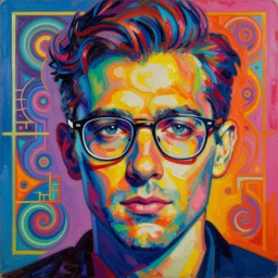 impasto pop - art oil painting portrait of a man with glasses, ecstacy, intricate, illumination, fibonacci fractals, rule of thirds, vaporwave, vibrant colours