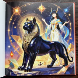 story creative book illustration, mystic onyx sphinx and sorceress, in geometric elemental environment, high detail, vibrant colors, by sija hong, yoshitaka amano, bastien deharme, james jean, masterpiece, sharp focus, cinematic lightning