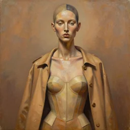 portrait in daring femininity, ethnic, realistic face sculpted features, thin and statuesque model, contoured outfit with layered bodice, plain jacket with buckles, warm glow, bathed in light, chiaroscuro, specular highlights, angular impressionism, patina, natural color scheme, earthy tones, modern fashion, contemporary art, oil on canvas