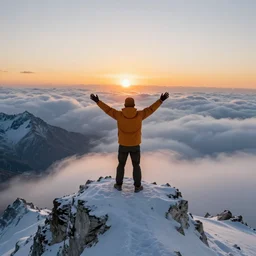 man celebrating at the top of mount everest with hands outstretched, beautiful sunset and clouds, 3 5 mm photograph, aerial, intricate details