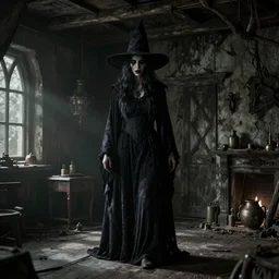 An ancient witch in the shadows of a decrepit cottage, highly detailed interior , horror, by Bastien LeCouffe-Deharme, hyperrealistic, Blender 8k UHD