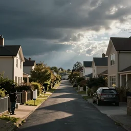 street with houses, music video establishing shot