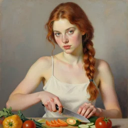 a beautiful painting of a gorgeous young mother with auburn side braid draped over her shoulder and pretty hazel eyes, representative of the art style of artgerm and wlop and peter mohrbacher, holding knife and chopping vegetables