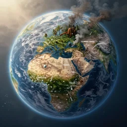 overhead view of the earth with deforestation, pollution, climate change, global inequality, loss of biodiversity, octane render, future