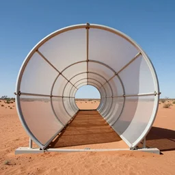tunnel shaped, electrostatic atmospheric water condenser and collector, nikoa tesla antenna array technology, hills hoist, mesh sailcloth in the australian desert, windtrap, natural light, high quality photograph, shallow depth of field, simple composition, highly detailed, symmetrical,