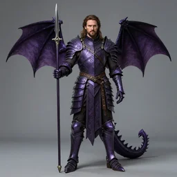 Karl Urban as a Dragonslayer, wearing dark purple armor, draconic design, high fantasy, spear, no helmet, long hair, beard, by Frank Franzzeta, single character, full body on display, cgsociety, trending on artstation, artstationHD, artstationHQ, octane, extremelly detailed, ornamental, intrinsic, fine details, ultra HD