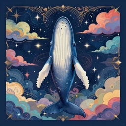 a frontal drawing of blue whale centered with a dark blue background and colorful clouds with stars from akira, elegant, centered, graduation album cover color palette by martine johann, simon stalenhag, chie yoshii, casey weldon, wlop ornate, dynamic, particulate, rich colors, intricate, elegant, highly detailed, vogue, harper's bazaar art