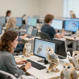 owls and computers, nicoletta ceccoli, mark ryden, lostfish, max fleischer, depth of field, detailed and intricate environment, golden hour, 8 k resolution, hyperrealistic, octane render, vivid colors, bright, cheerful, detailed and intricate scifi environment
