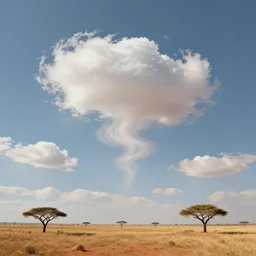 concept illustration of surreal wispy clouds over a hot savannah on a sunny day, wide angle, trending on artstation, digital art ( by brad rigney ) ( by greg rutkowski ) ( by artur treffner )