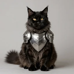 anthropomorphic black maine cat wearing medieval plate armor