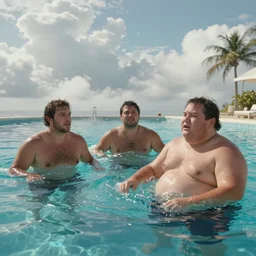 An epic fantasy style  painting of three brothers and their slightly overweight father in a swimming pool , unreal 5, DAZ, hyperrealistic, octane render, volumetric clouds dynamic lighting