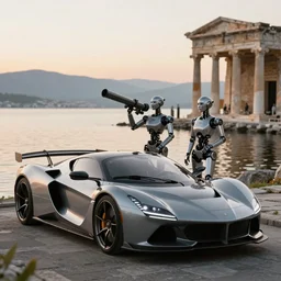 a futuristic sportscar designed by pinifarina and 2 female robot holding a bazooka at a lake in ancient greece, hdr, hyperrealistic, photorealistic, bokeh, soft lighting, volumetric lighting, sunrise background, production i. g. studios snk style