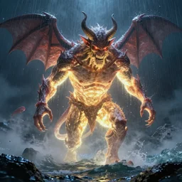 A highly detailed matte painting of a massive brightly glowing devil in a  stormy sea in a storm at night, fog, rain, volumetric lighting, imax render, 8K resolution, trending on artstation, style of alan lee and john howe, focus on devil