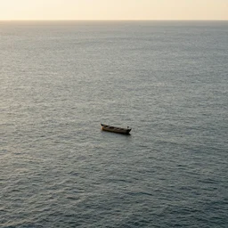 a vast ocean at golden hour with a small wooden raft floating in the center
