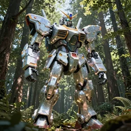 an enormous mecha robot abandoned in a forest. glowing. glittering. reflective. sunny day. matte painting. epic. highly detailed. volumetric lighting. ray tracing hdr. trending on cgsociety. simon stalenhag jeremy lipkin marc simonetti and ayami kojima.