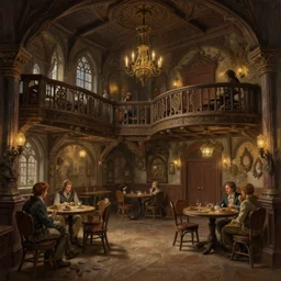 A beautiful matte painting of a high fantasy inn interior, intricate, highly detailed, digital painting, illustration, artgram,  by Michael Whelan, Clyde Caldwell,Brothers Hildebrandt, thomas kincade, trending on artstation